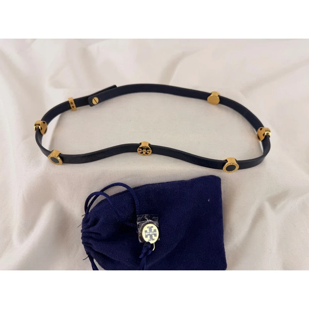 Tory Burch Reva Navy Saffiano Leather‎ Gold Logo Double Wrap Bracelet